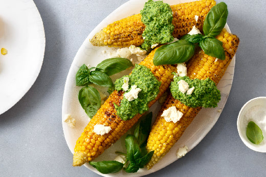 Roasted Corn With Basil Seed Pesto and Parmesan